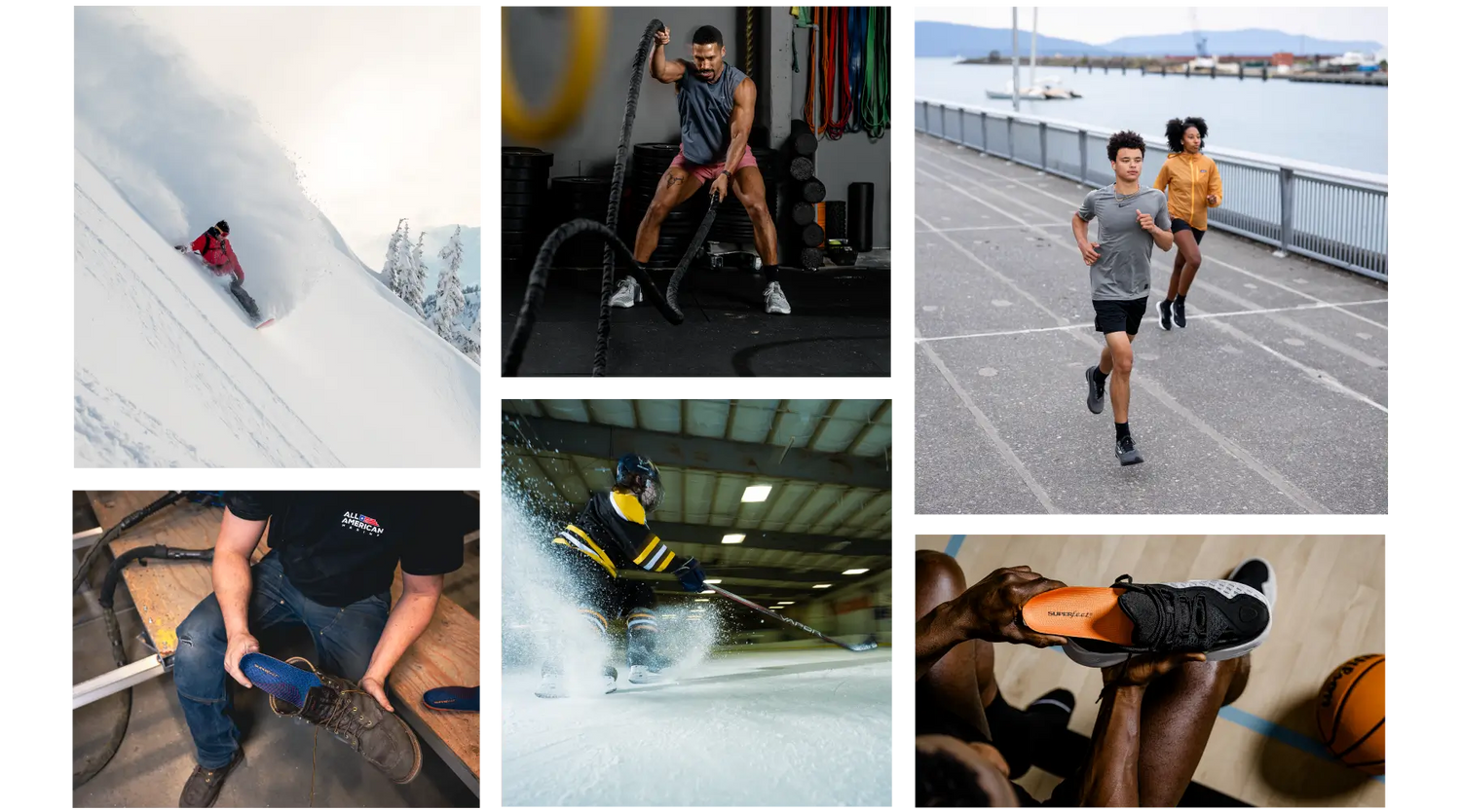 Images of people snowboarding, running, working out, playing basketball, playing hockey, and working while wearing Superfeet insoles.