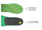 Top of left foot Superfeet Active Support High Arch insoles with Moisturewick(tm) top cover helps reduce odors and bottom of right foot insole with H.I.T. Pod disperses impact at heel strike