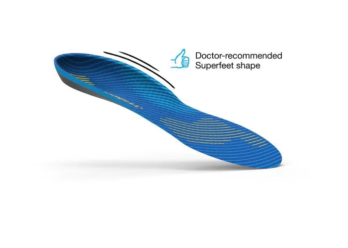 Top view of Superfeet Active Support Medium Arch right foot insole with doctor-recommended Superfeet shape